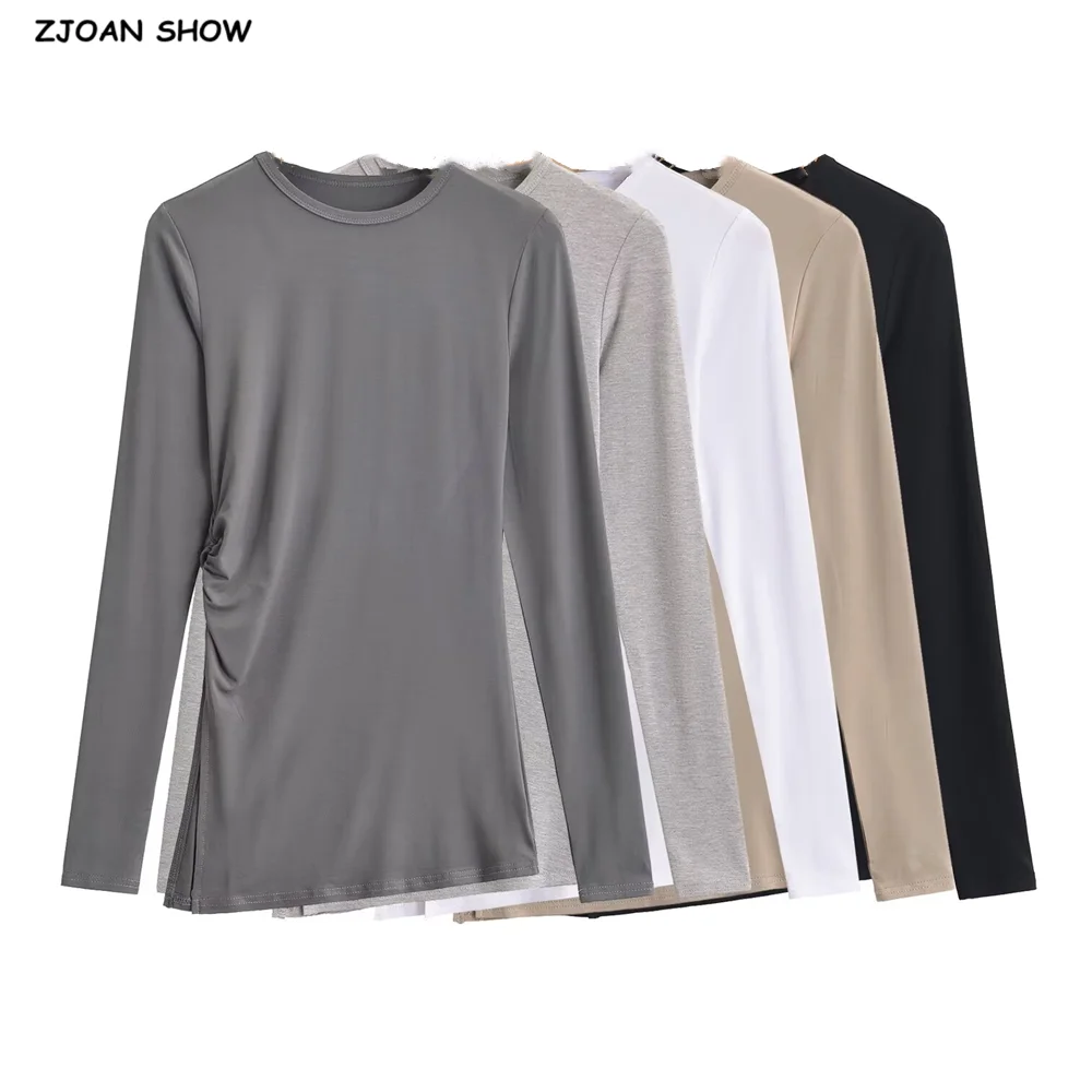 5 colors Autumn Round neck Jersey Folded Waist Side Slit Asymmetrical T-shirts Women Long Sleeve Slim Fit Tee Base Blouse Tops