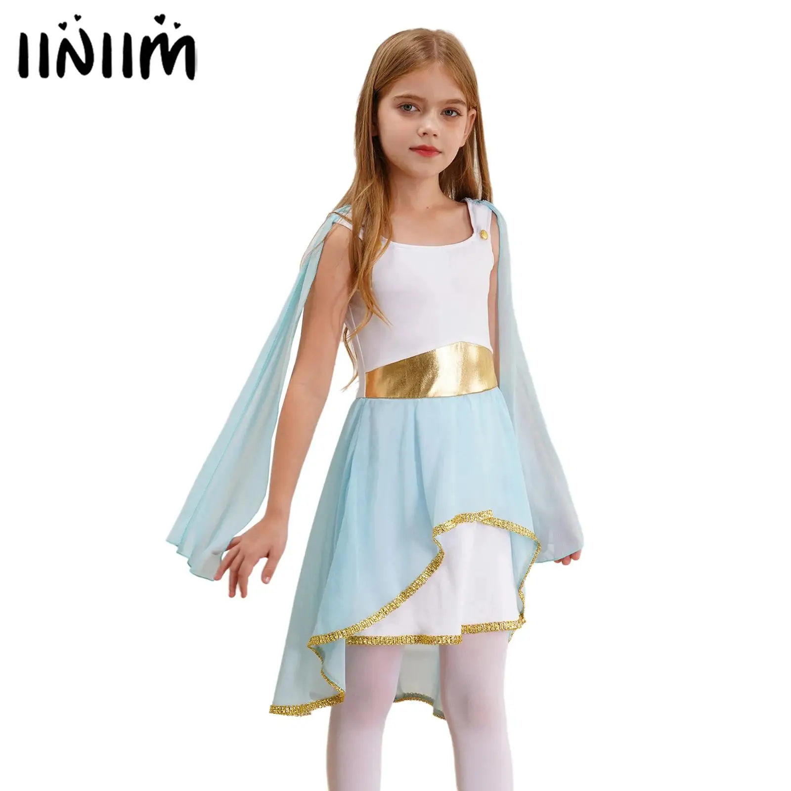 Kids Girl Ancient Rome Princess Goddesses Cosplay Costume Ancient Greek Rome Toga Halloween Costume Asymmetrical Flowy Dress