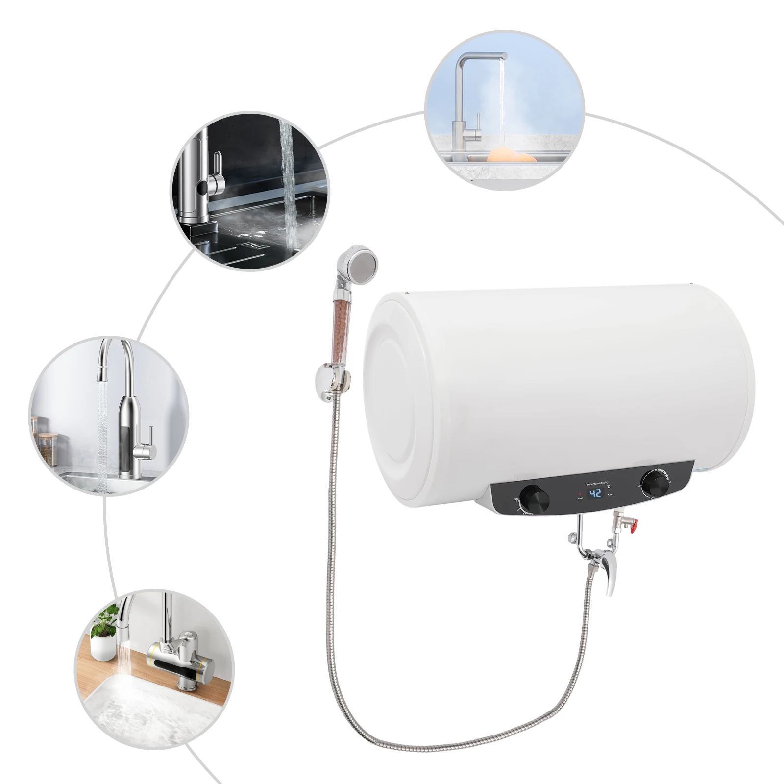 سخان مياه بخزان كهربائي، 1500 وات 110 فولت، مجموعة سخانات مياه بيضاء ذات سعة كبيرة مثبتة على الحائط، مع دش يدوي وصنبور، G1/2 #5