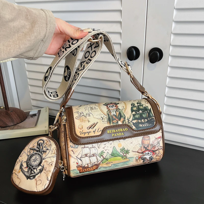 Cartoon Painting Color Handbag 2-IN-1 Fashion Brand Messenger Bags for Women Pu Leather Crossbody Bag Lady Small Purse Handbag
