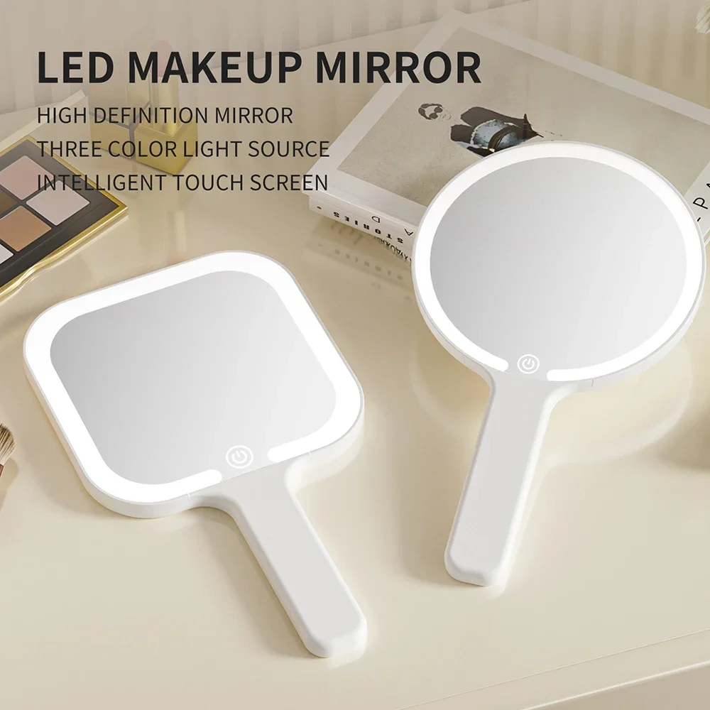 

LED Smart Makeup Mirror Hand-held Carry 3 Colors Adjust Bright with Touch Screen Cosmetic Tabletop Vanty Mirror Travel Home Use