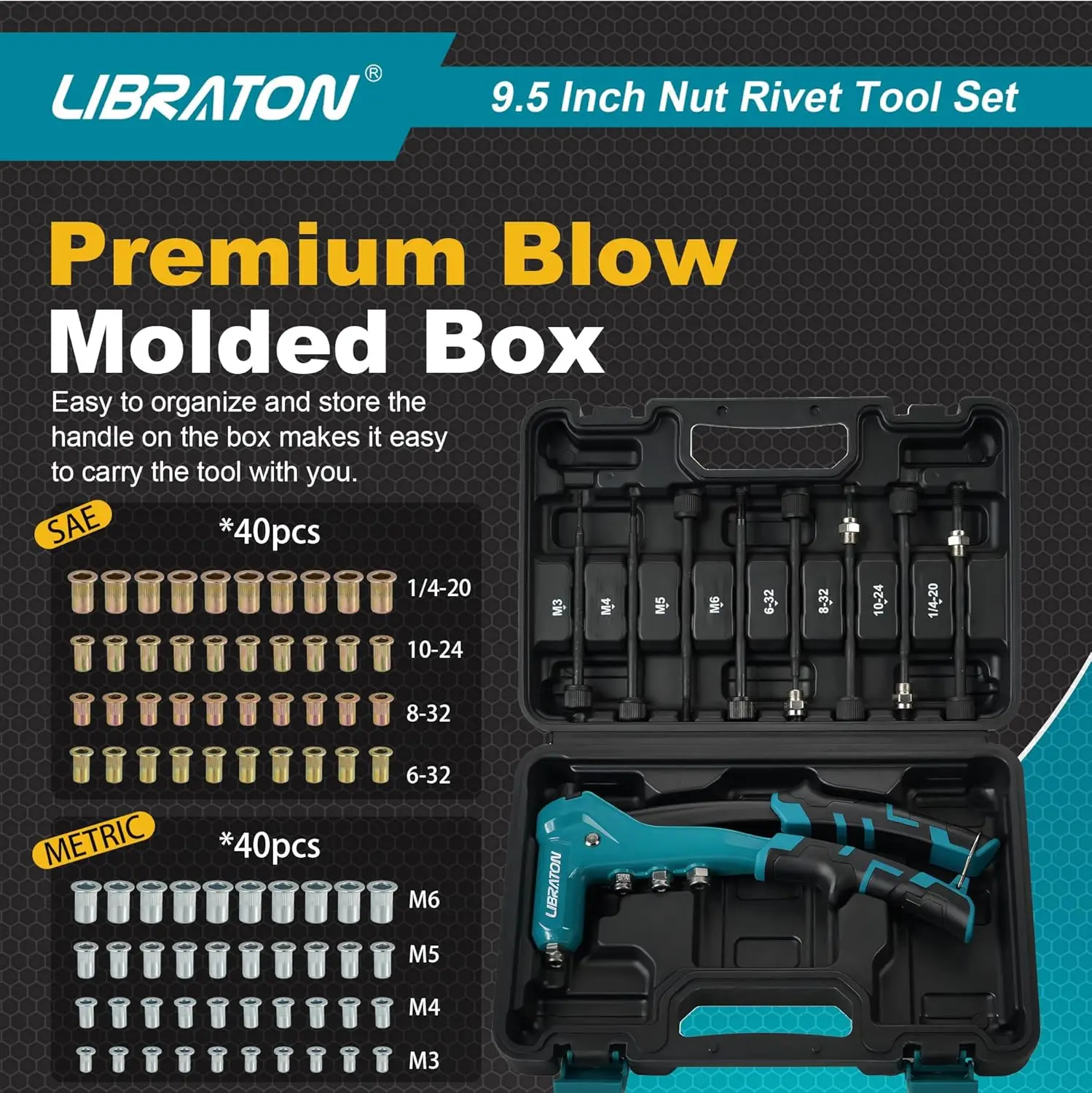 9.5" One-Handed Rivet Nut Gun Kit with 80PCS Nuts, 8 Mandrels, M3-M6 & SAE Sizes, Carrying Case