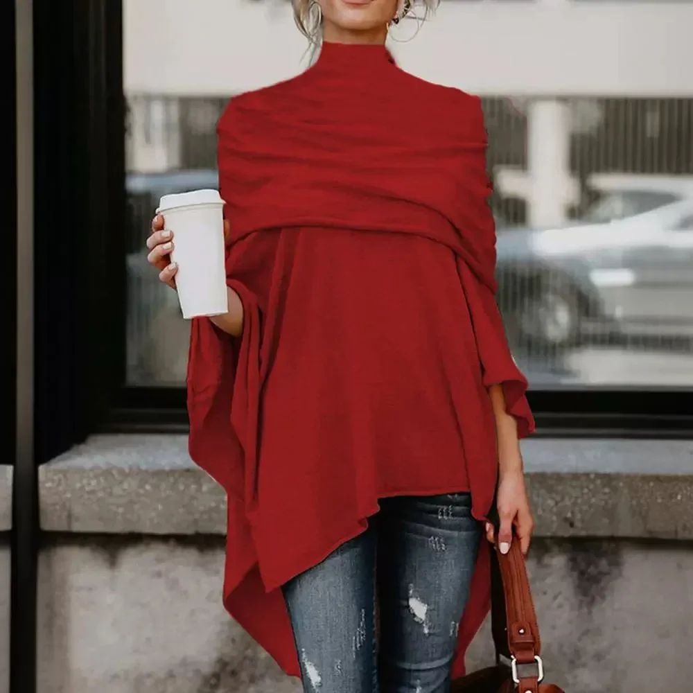 Women Solid Color Turtleneck Irregular Top Loose Long Fashion Casual Tops Blouse