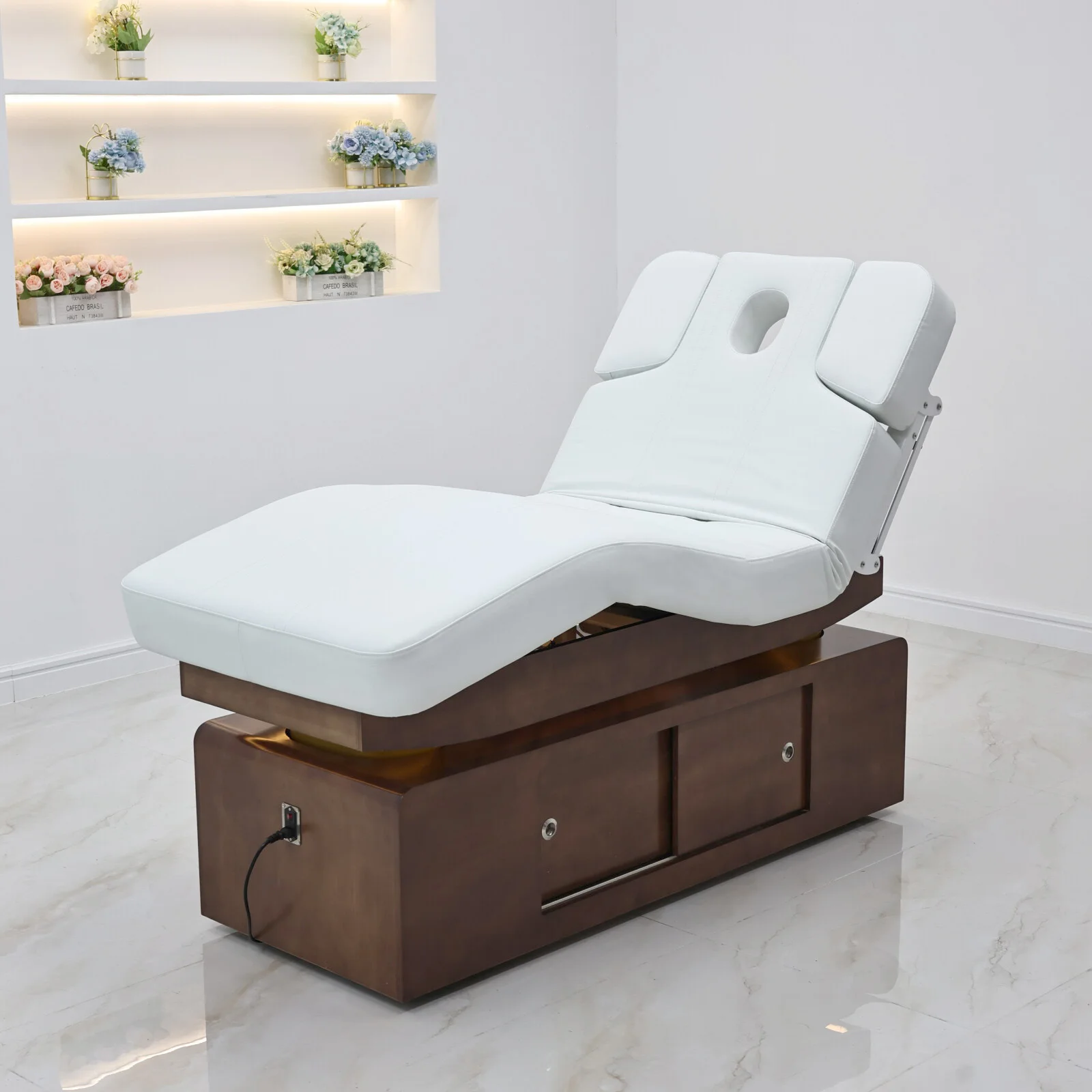 New Electric Adjustable Beauty Facial Bed Massage Table Wooden Storage Cabinet PU Leather Spa Salon Lash Bed Face Hole Wholesale