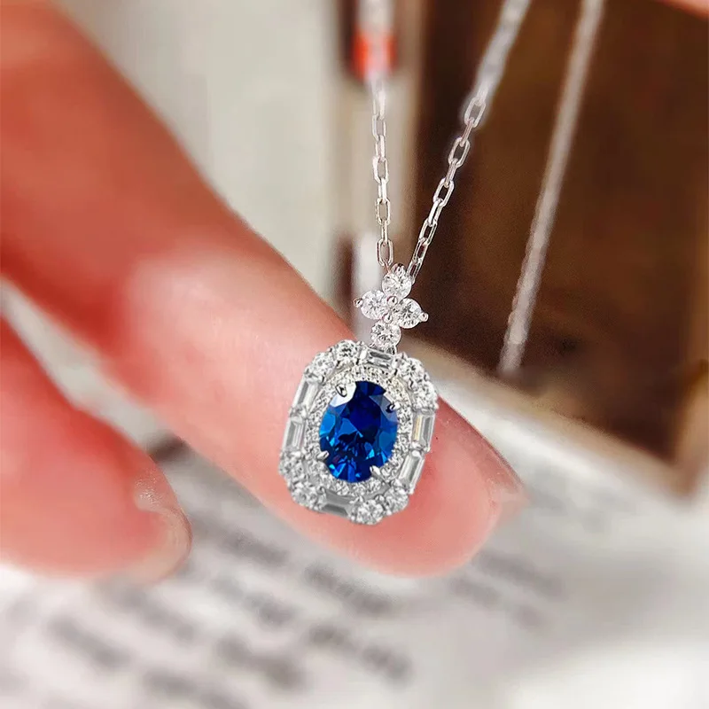 New 100% S925 Silver Sapphire 6 * 8mm Necklace Women's Clavicle Chain Retro Style Pendant Women's Wedding Jewelry