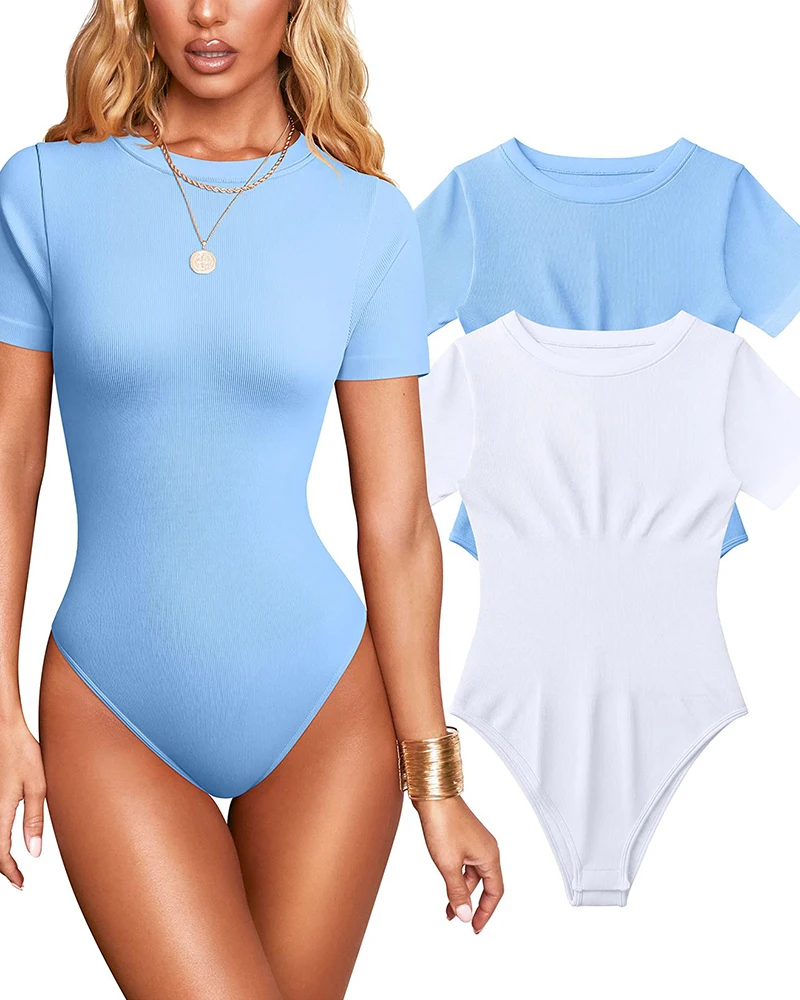 Seamless Shaperwear Women\'s Bodysuits Sexy Ribbed One Piece O-Neck Short Sleeve Double Lined Thong Tummy Control Body Shapers