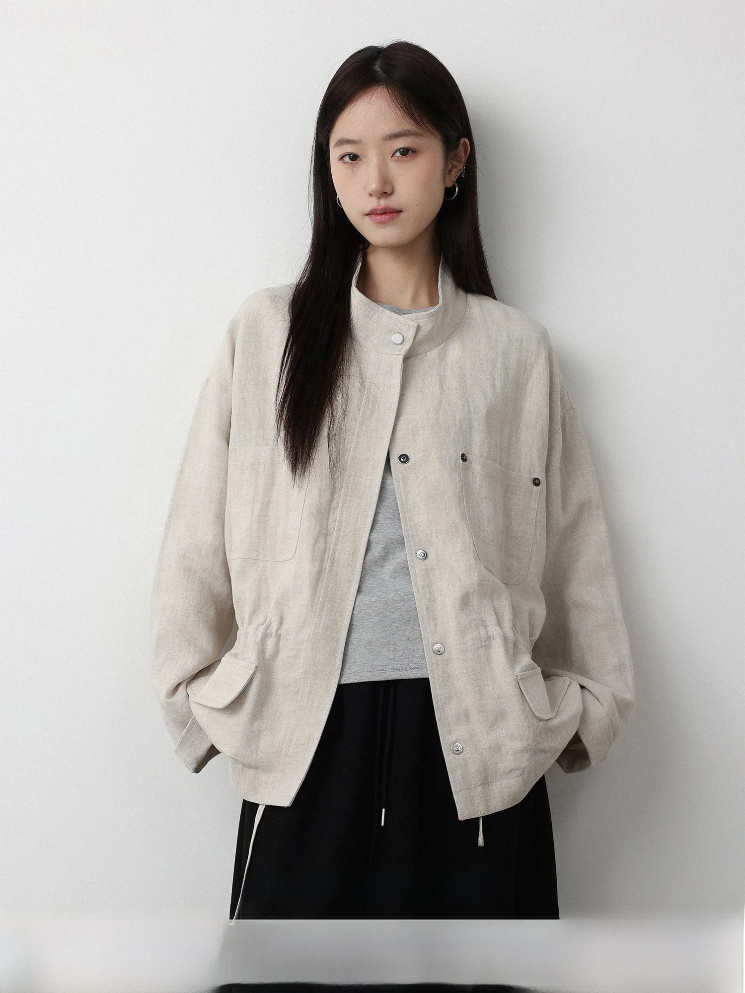 

Lowcalorie Cotton Linen Fabric Jacket Drawstring Collar Long Sleeve Short Outerwear Casual Style Spring Loose Fit Women