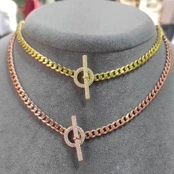 Women Simple Chain Choker Necklace With T Toggle Circle Bar Cross Chain 5mm Hip Hop Choker Necklace With Cz Paved Jewelry