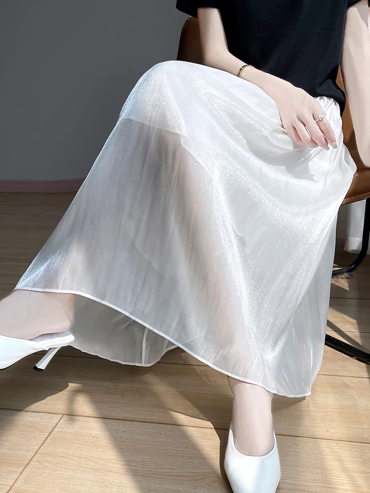 Elegant High Waist Pleated Chiffon Skirt Half-length Mesh Gown Commute Style A-line Loose Fit Mid-length Pure Color Summer 2025