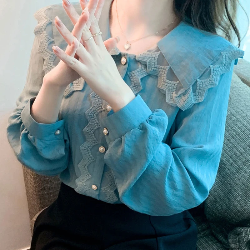 Spring Autumn 2023 Sweet Elegan Peter Pan Collar Single Breasted Women Hollow Out Ruffles Blouses Office Lady Tops L177