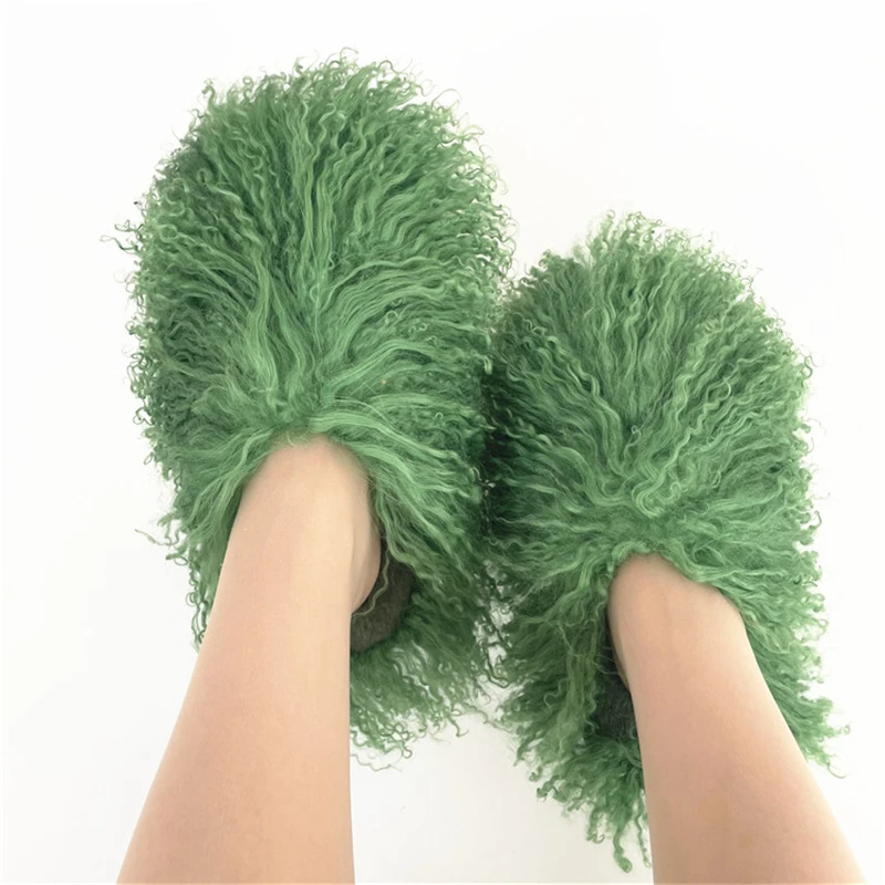 Popular Women Plush Flat Shoes Outdoor Indoor Fashion Slippers Mongolian Fur Slides