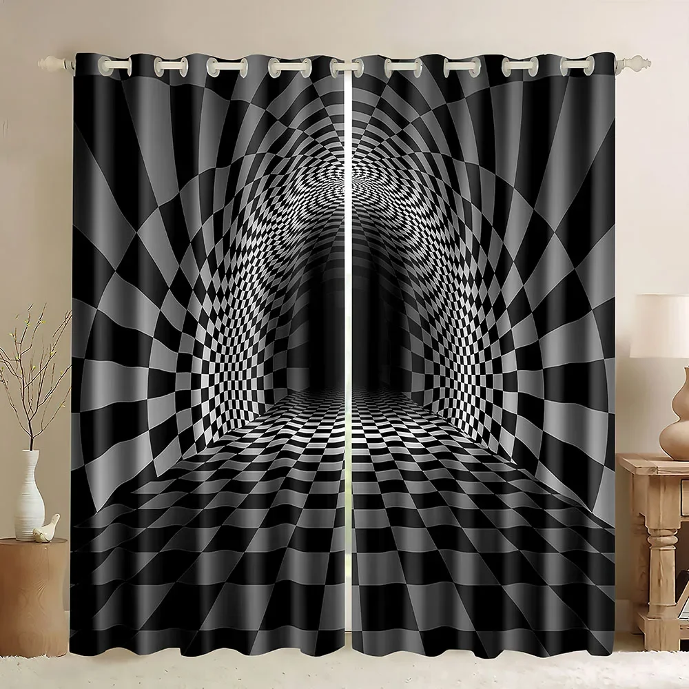 Window Curtain Abstract Geometry Shapes Black and White Grid Circle and Line Cube Design Multicolor Blackout Curtain for Bedroom