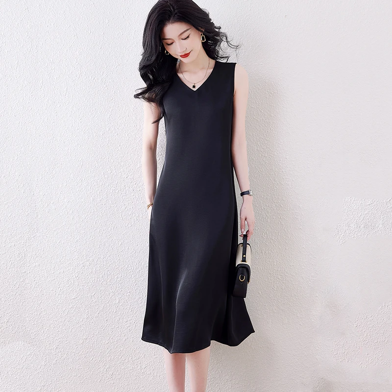 2025 Donne eleganti vestono sexy scollo a V senza maniche coreano allentato raso partito lungo abito nero casual abito a canotta Vestido Mujer