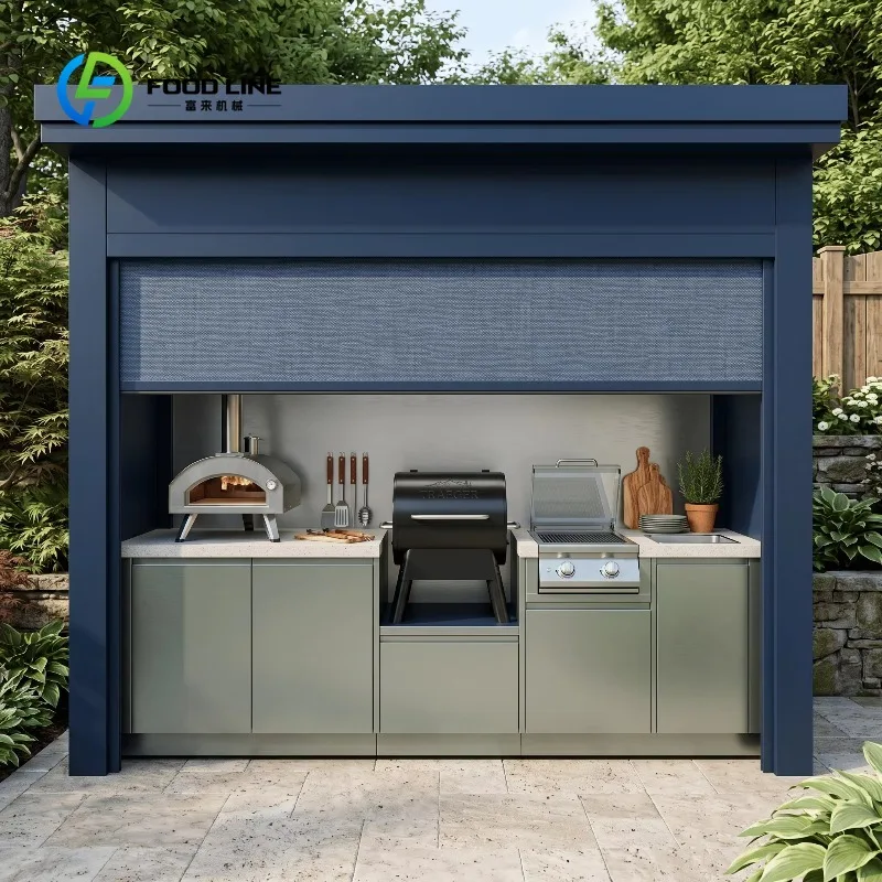 Customized Private Stainless Steel Outdoor Kitchen Shed with Roller Shutters Zero Formaldehyde Outdoor Kitchen BBQ Grill Pod