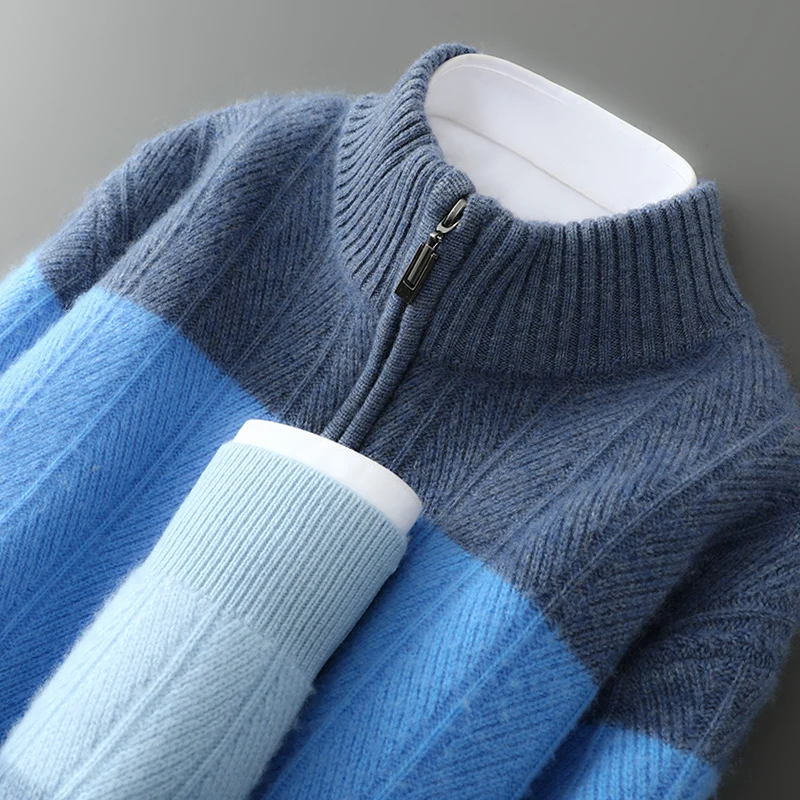Trendy Men's 100% Cashmere Pullover High Quality Knit Sweater Loose Zipper Half High Neck Tops Luxury Streetwear Pull Jumper