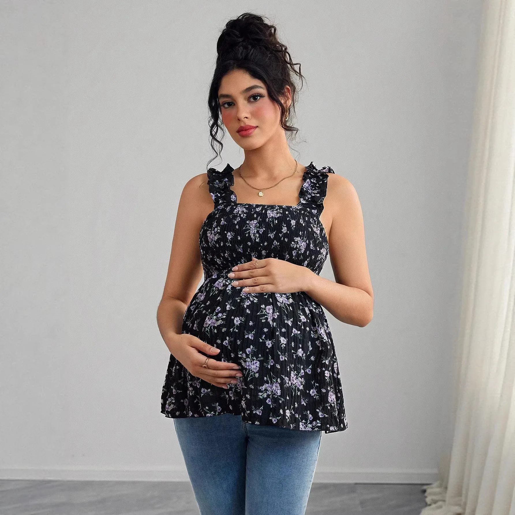 

Платье для беременных с принтом, бралетт, платья и юбки для беременных, с квадратным вырезом, А-силуэт, блузка для беременных, одежда