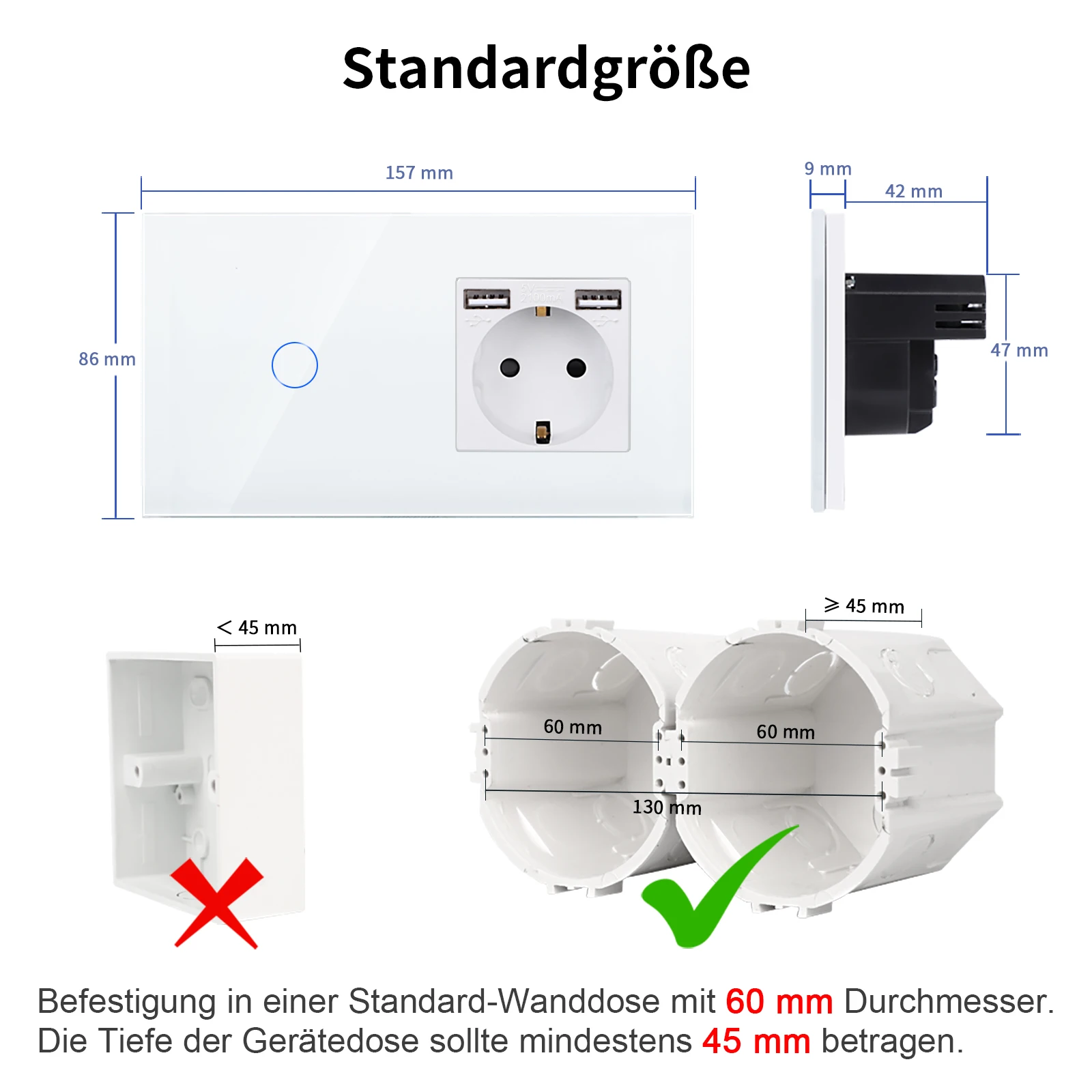 DAJIMEI Touch Switch with EU Power Wall Socket Sensory Light Switches 1/2/3/4Gang 1Way Crystal Glass Panel and Dual USB Sockets