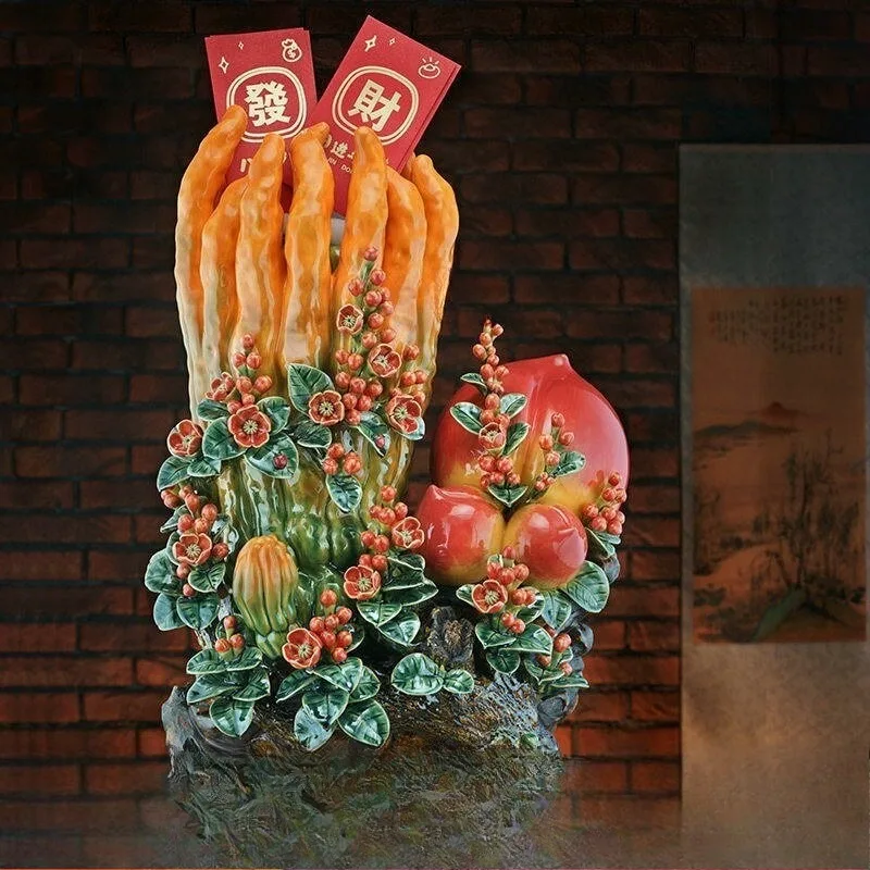 Blessed Shiwan Buddha's Hand Peach Ceramic Decor, Longevity Statue, Large Entry Display, Birthday Present for Elderly