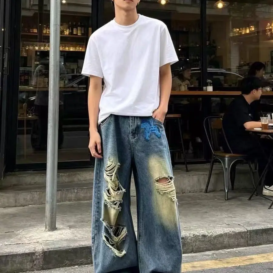 Men's Pony Print Ripped Jeans Casual Pants Wide Legs Sweatpants Boys Summer Bottom Male High Waist Unisex Baggy Trousers