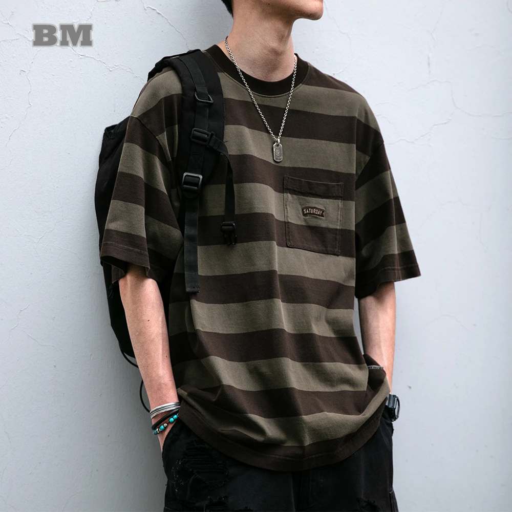 American Vintage Striped T-Shirt For Men 100% Cotton Oversized Loose Fit Tops Summer Streetwear Casual Short Sleeve Retro Tee