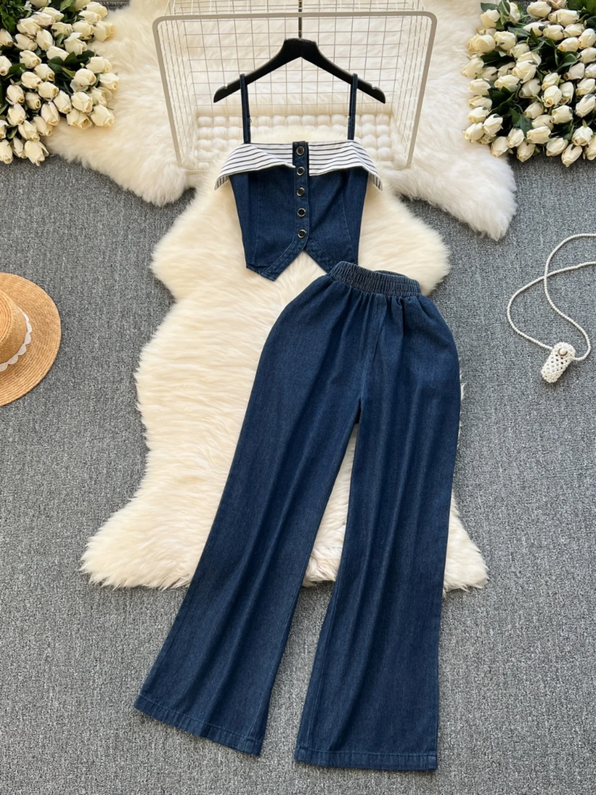 

Chic Retro Hong Kong Sle Women's Denim Set Striped Crop Top And Wide Leg Pants Two Piece Faionable Versatile Outfit