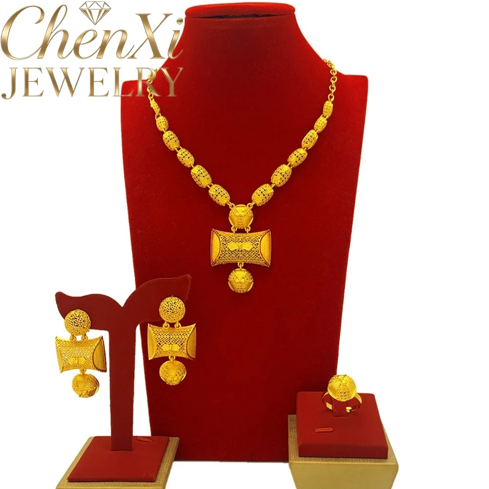 High-End Luxury Alluvial Gold Tassel Fashion Popular Jewelry Set Women Wedding Party Banquet Necklace Earrings Ring 4pcs Gift