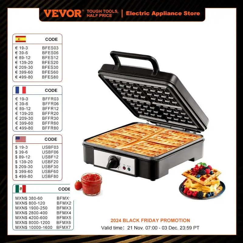 VEVOR Waffle Maker 1200W Square Waffle Iron Non-Stick Waffle Baker Machine with Five-setting Browning Controls 4 Slice 120V