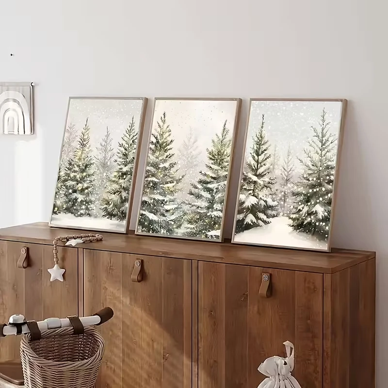 

3pcs Simple Christmas Tree Snow Scene Canvas Poster Wall Art, Holiday Christmas Decoration, New Year Gift Home Decoration