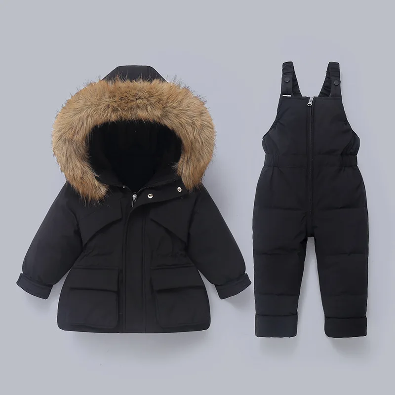 

Winter Warm Down Jacket Boys Jumpsuit Artificial fur Overalls Baby toddler Girl Clothes Kids Snowsuit Children Clothing Set 2pcs