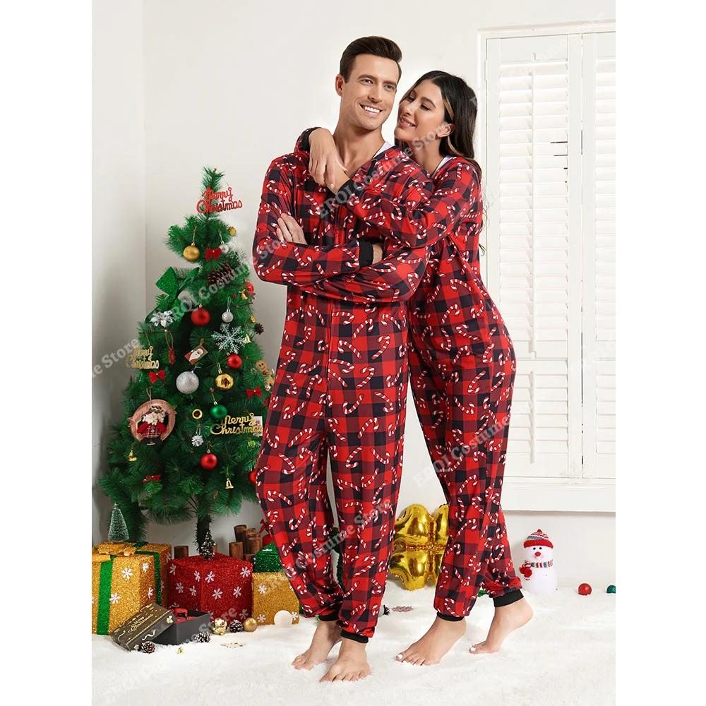 Adult Onesie Pajamas Christmas Matching Pajamas For Couples Black&Red Grid Pajamas Set Family One Piece Jumpsuit Hoodie Women