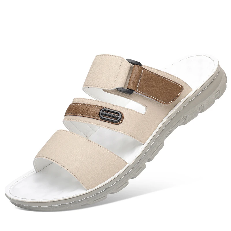 

Summer new men's slippers, PU round-toe slippers, trendy flat beach shoes