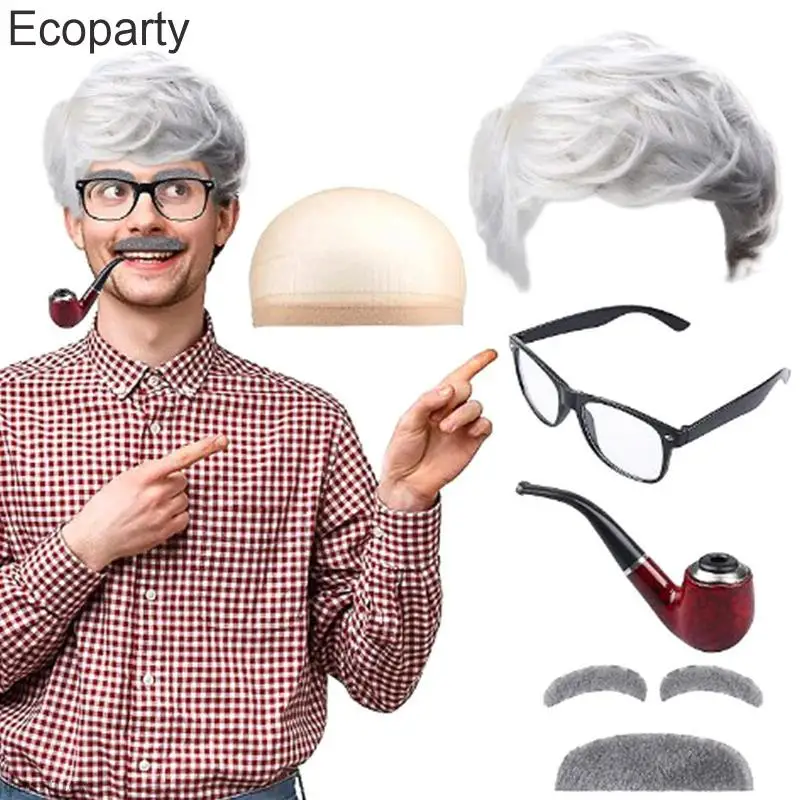 New Halloween Funny Old Man Costume Props Grandpa Cosplay White Wig Glasses Pipe Suit Carnival Theme Party Cosplay Accessories