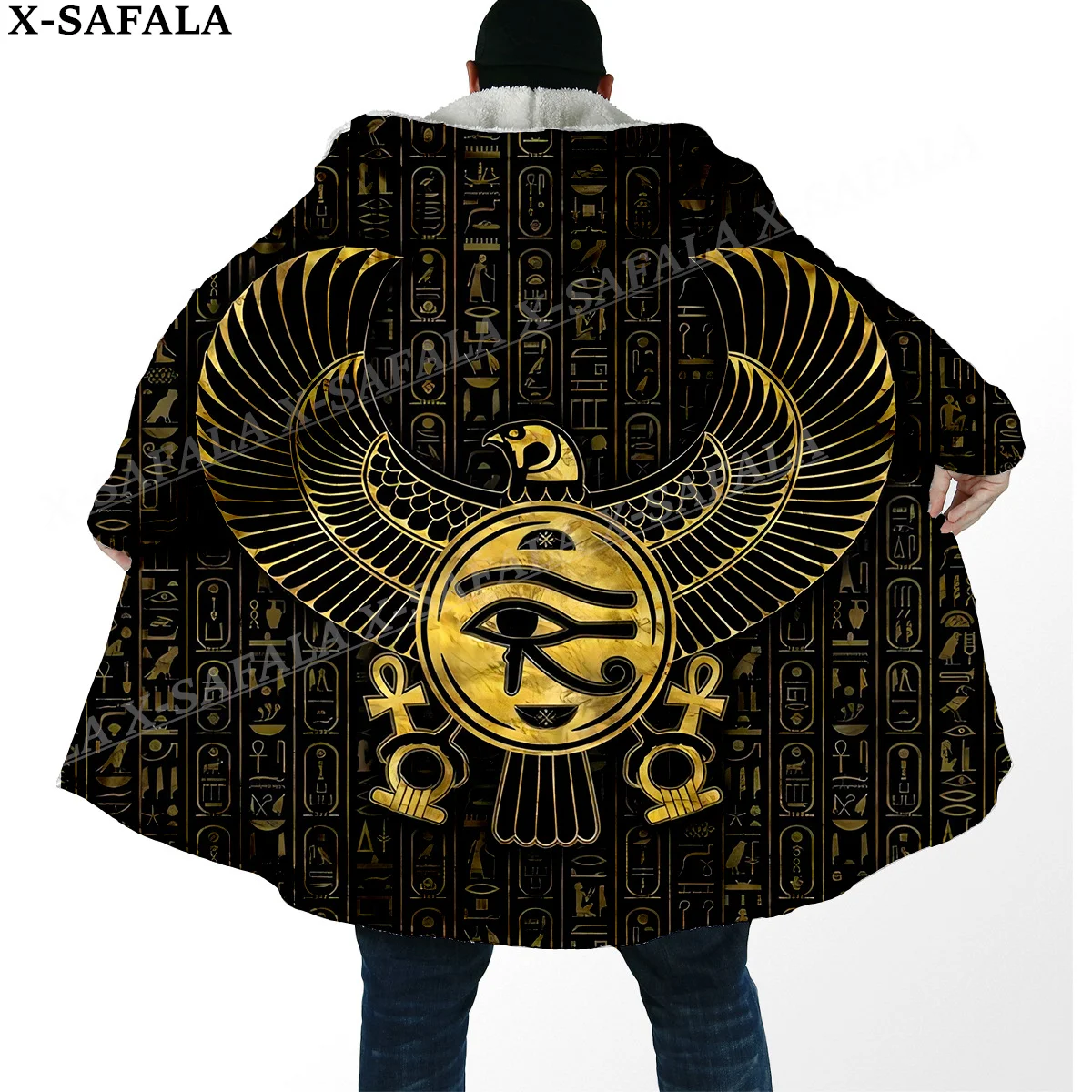 Pharaoh Ancient Egyptian Cat Print Thick Warm Hooded Cloak Men Overcoat Coat Windproof Fleece Cape Robe Hooded Blanket-11