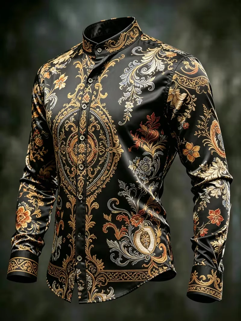 New Gilded Baroque Flower Emblem Printed Long Sleeve Shirt With Pendant Sensation Bright Satin Men's Top