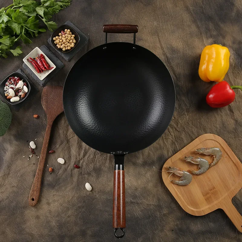 32/34cm Fish Scale Iron Wok Hand Hammered Traditional Cookware Kitchen Uncoated Wok Suitable for Gas Stove Induction Cooker Wok