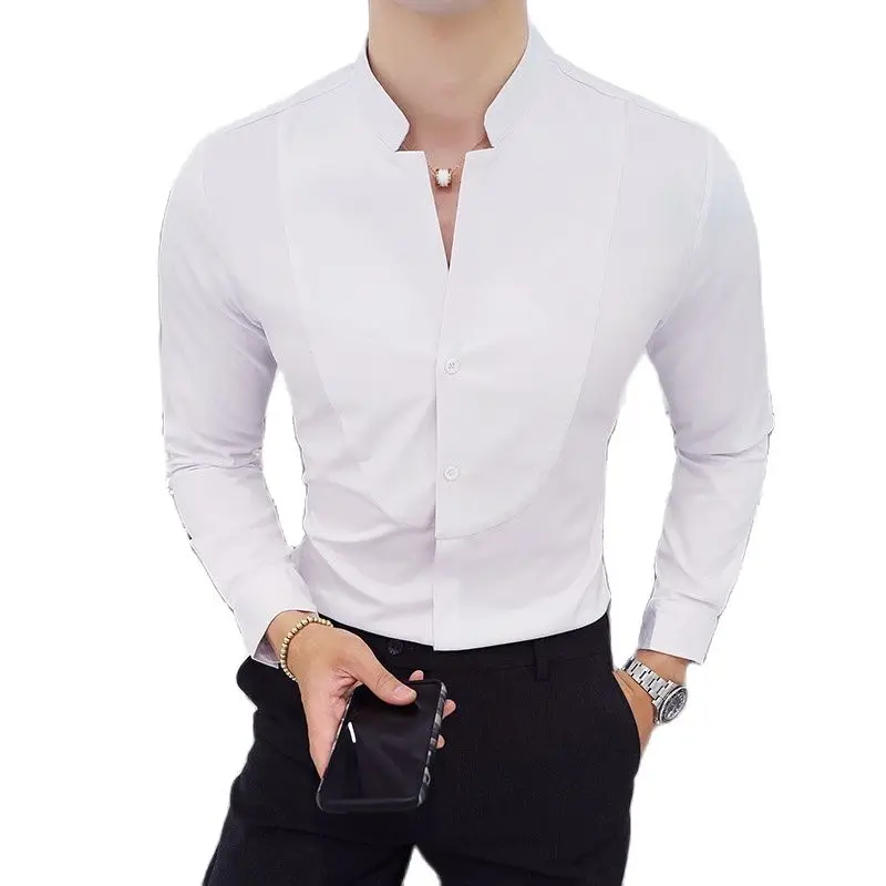 New Men Business Standing Collar Long Sleeved Shirt Black White Male Wedding Party Dress Top Slim Fit Patchwork Clothing Homme