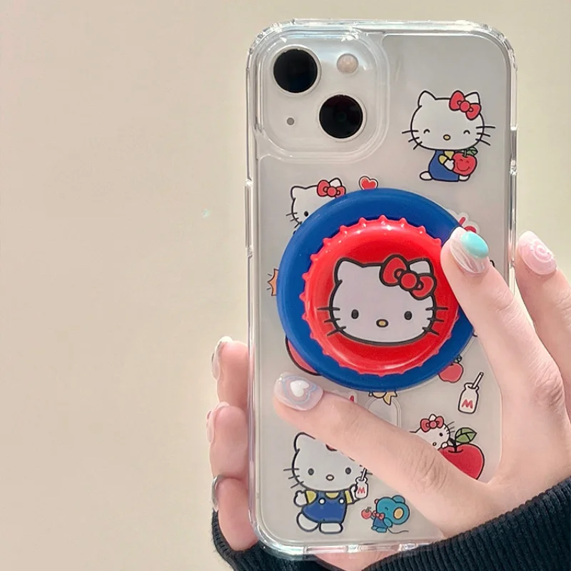 Cute Cartoon Sanrio Hello Kitty Magnetic Holder Magsafe Wireless Charge Phone Case For iPhone 16 15 14 13 12 Pro Max Hard Cover