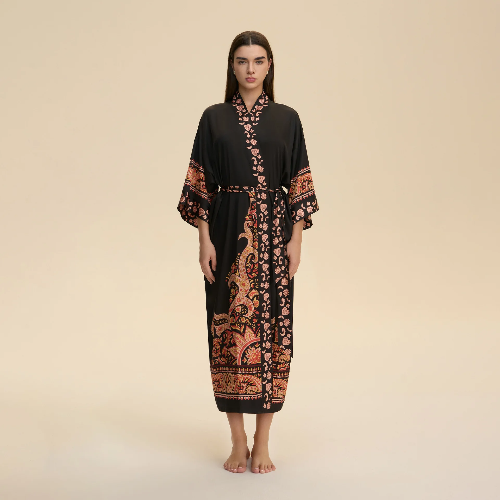 2026 New Arrival: Long-Sleeved, Long-Length, Loose-Fitting Comfortable Kimono-Style Nightgown for Women - Printed Homewear