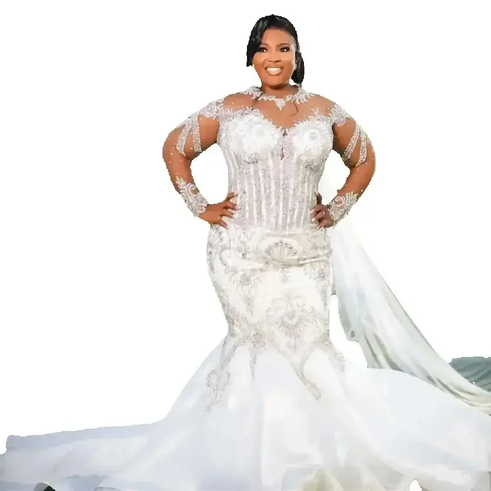 

Customized Arabic Aso Ebi Shinny Crystals Beads Wedding Dress Robes De Mariee Plus Size Full Sleeves Garden Bridal Gowns