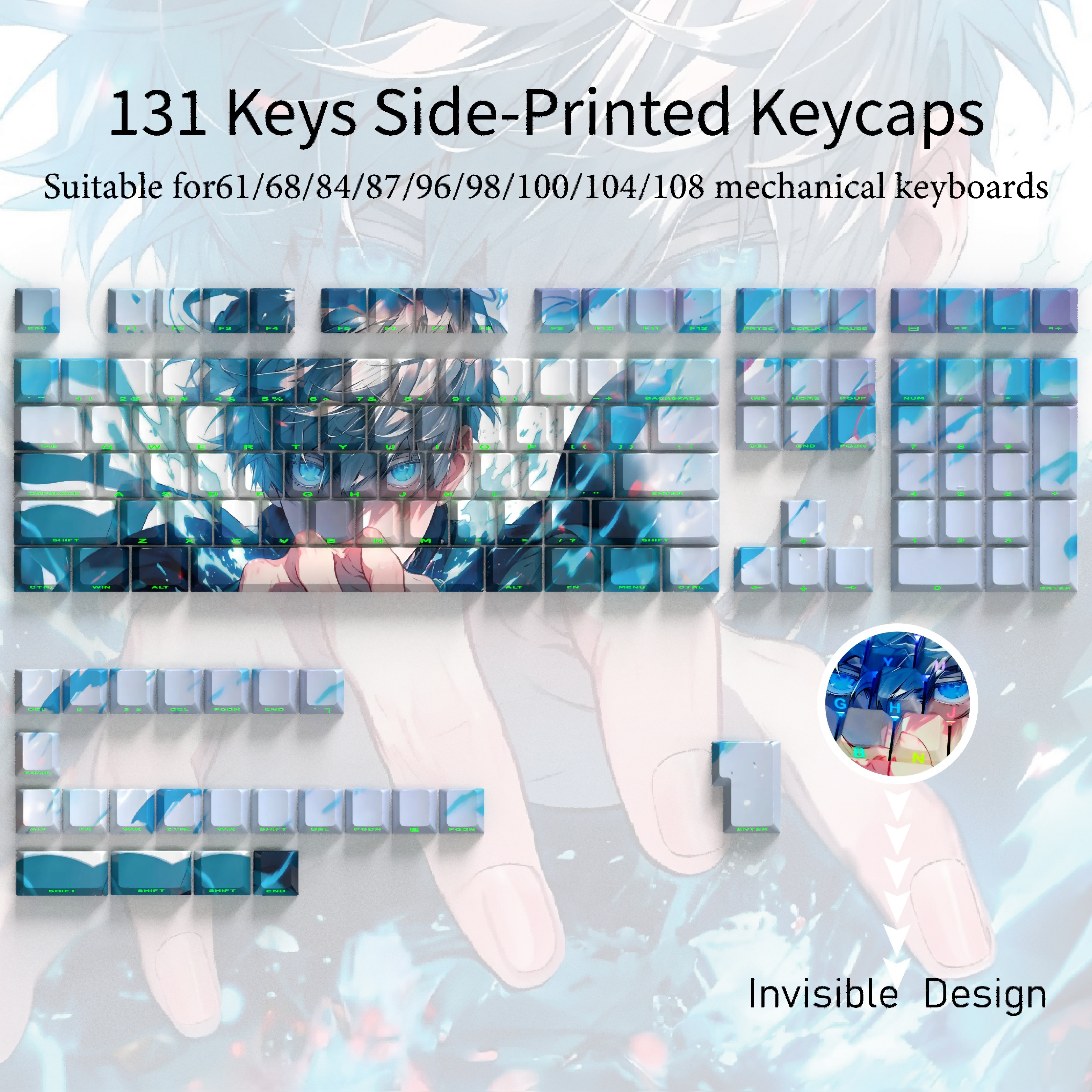 Side Print Shine Through Blue Anime Keycaps 5-Sided Dye-Sub Japanese Style Key Cap Set for Cherry MX Switches Keyboard 131 Keys