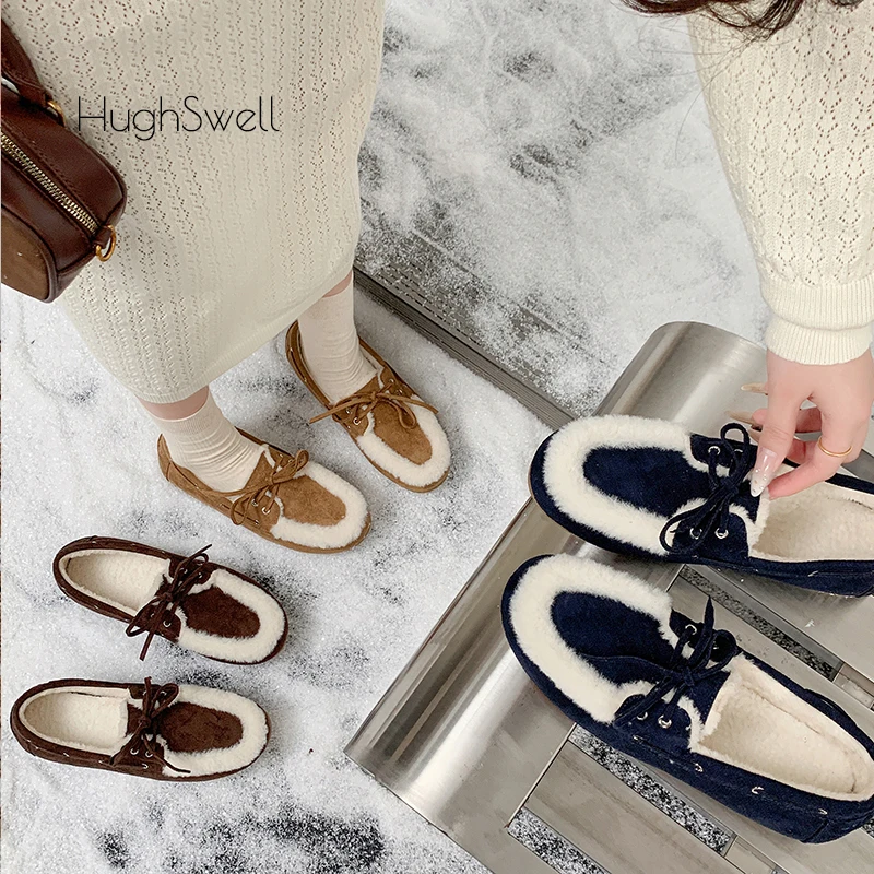 

Thick Fur Slip-on Suede Boat Shoes Woman Classic Bowknot Lace-Up Soft Moccasins Ladies Winter Casual Warm Plush Flat Loafers