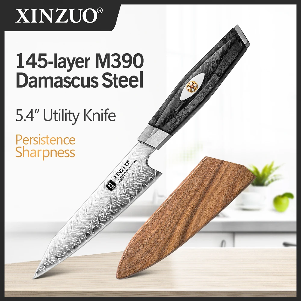 XINZUO Kitchen Knife 5.4‘’ tility Knife 145-layer M390 Damascus Steel Carbon Fiber With Resin Handle Long - lasting Sharpness