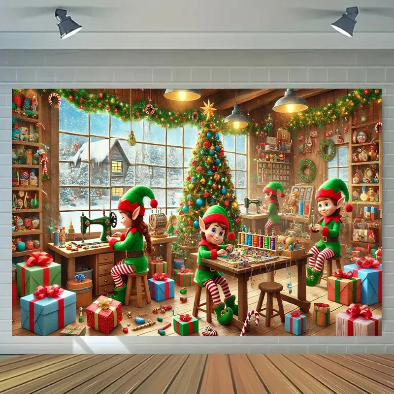 2D Flat, Winter Christmas Elf & Snowy Village Tapestry Wall Hanging - No Power/Battery-Free Fabric Backdrop for Home Decor, Phot