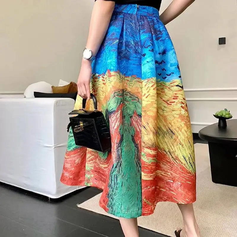 

Vintage Floral Print Long Skirt for Women Summer High Elastic Waist Mid Calf Skirts Female Casual Loose A-Line Skirt F113