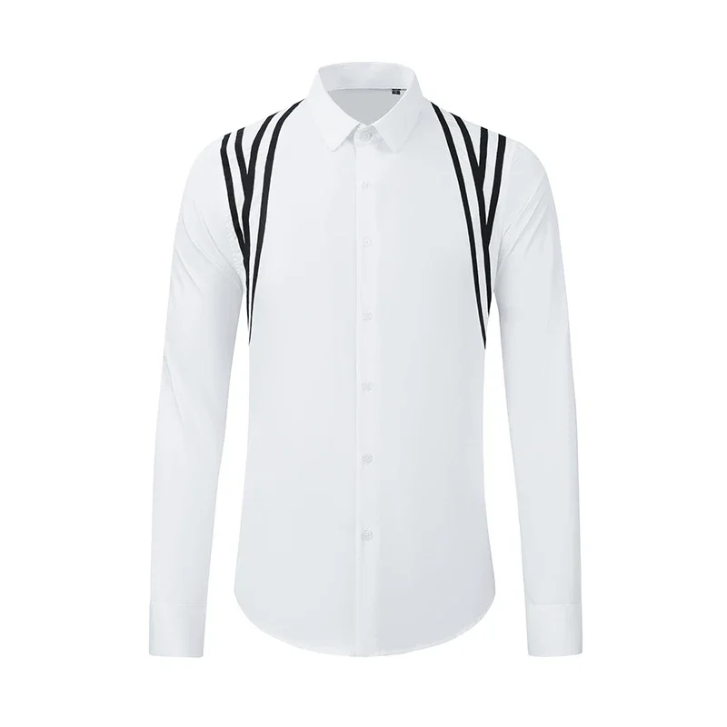 S-6XL 2024 New Men's Clothing Catwalk Stage Black White Contrasting Color Stitching Shirt Plus Size Costumes