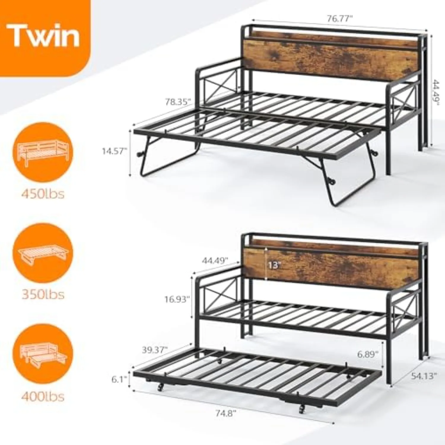 Daybed with Trundle Twin, Metal Daybed Frame with Pop-up Trundle Bed and Charging Station,Day Bed with Wooden Storage