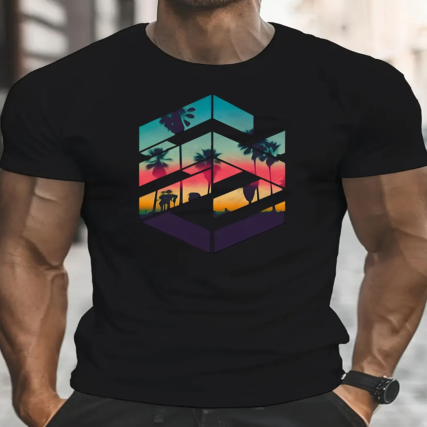 Geometric Print Stylish T-shirt For Men, Casual Summer Top, Comfortable And Fashion Crew Neck Short Sleeve, Suitable For Daily Wear 100% cotton t shirt, Gift tshirt