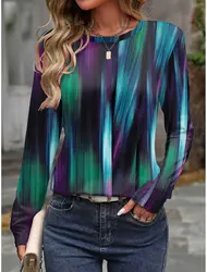 Mode Dames Sweatshirt 3D Prints Kleurblok Grafische Y2K T-shirt Met Lange Mouwen Casual Loose Fit O-hals Tee Lange Mouw tops