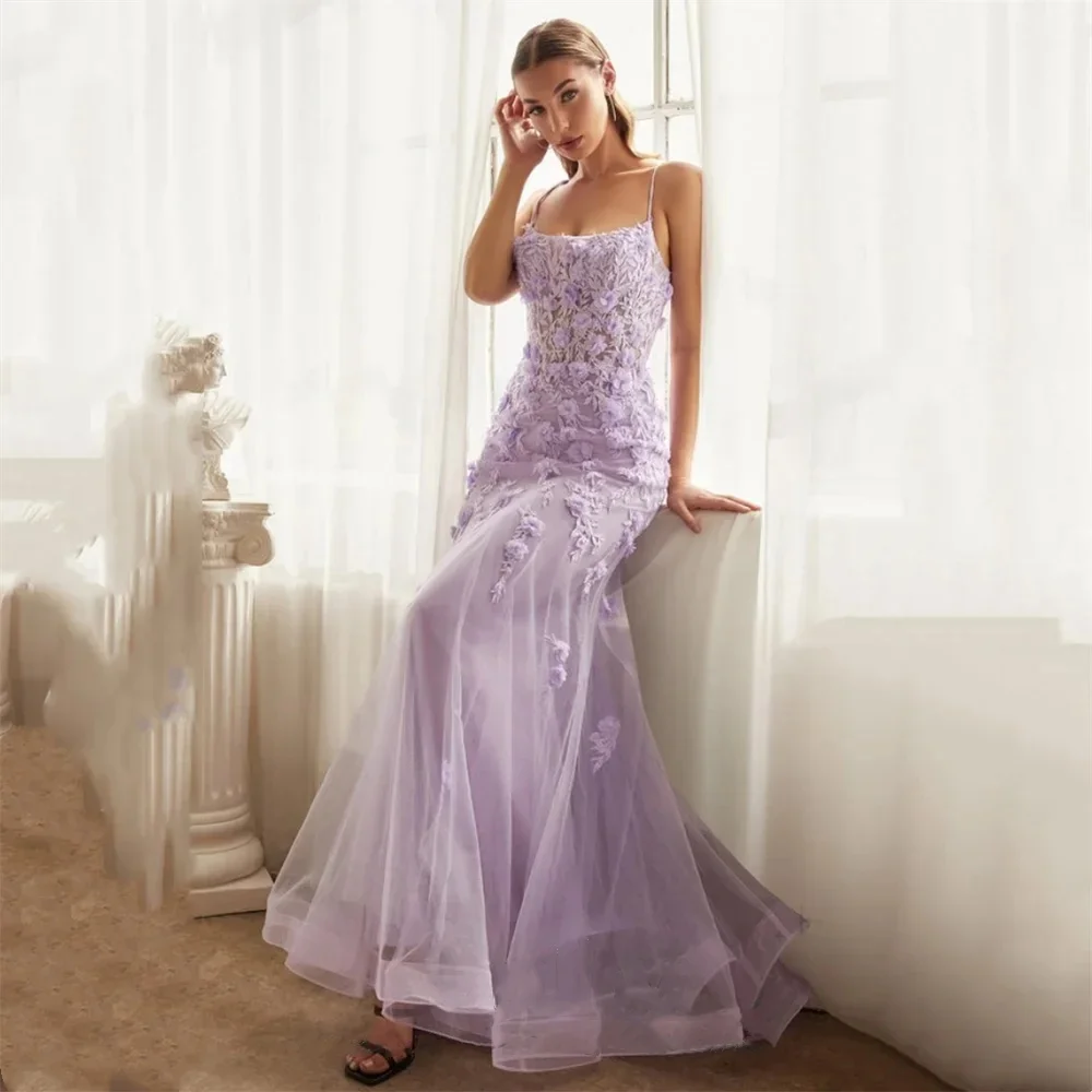 Prom Dresses Mermaid Lilac Blue Tulle Lace Applique Floral Spaghetti Strap Corset Back Evening Gowns Long Floor Length