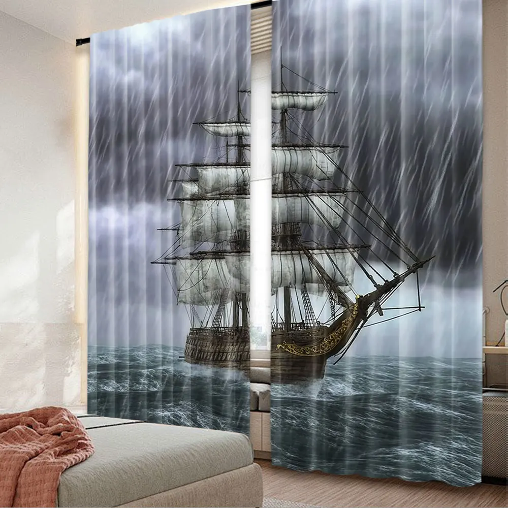 2Pcs Nautical Curtain Old Ship On The Ocean In Wave Rainy Stormy Weather Suitable For Living Room Bedroom Kitchen And Bathroom